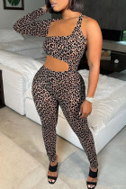 Leopard Print Sexy Solid Hollowed Out Patchwork Asymmetrical Asymmetrical Collar Skinny Jumpsuits