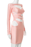 ライトピンクのセクシーなソリッドくり抜きオフショルダーペンシルスカートドレス