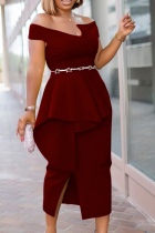 Бордовый однотонный Пэчворк Вечернее платье с открытыми плечами Асимметричное платье Платья (без пояса)