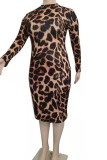 Orange Sexig Print Leopard Patchwork O Neck One Step Kjol Plus Size Klänningar