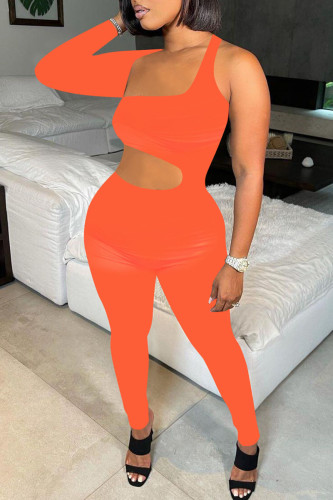 Orange Sexy Solid Hollowed Out Patchwork Asymmetrical Asymmetrical Collar Skinny Jumpsuits
