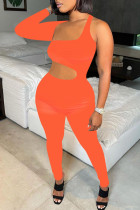 Oranje sexy effen uitgeholde patchwork asymmetrische asymmetrische kraag skinny jumpsuits