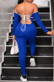 Blue Sexy Solid Patchwork Frenulum Backless Off the Shoulder Skinny Jumpsuits