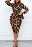 Graue Sexy Print Leopard Patchwork O Neck One Step Rock Plus Size Kleider
