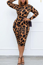 Naranja Sexy Estampado Leopardo Patchwork O Cuello Falda de un paso Vestidos de talla grande