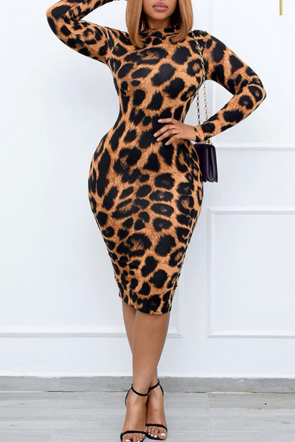 Orange Sexy Print Leopard Patchwork O Neck One Step Rock Plus Size Kleider