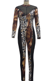 Leopardmönstrad Sexig Print Mesh Half A Turtleneck Skinny Jumpsuits