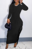 ブラック カジュアル ソリッド タッセル パッチワーク Oネック ワンステップ スカート ドレス
