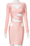 ライトピンクのセクシーなソリッドくり抜きオフショルダーペンシルスカートドレス