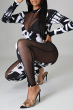 Zwart-wit sexy mesh halflange coltrui skinny jumpsuits met print