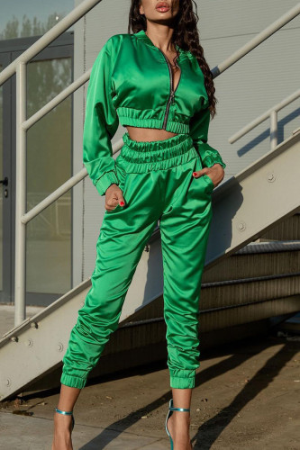 Fluorescent Green Casual Solid Patchwork Mandarin Collar Long Sleeve Two Pieces