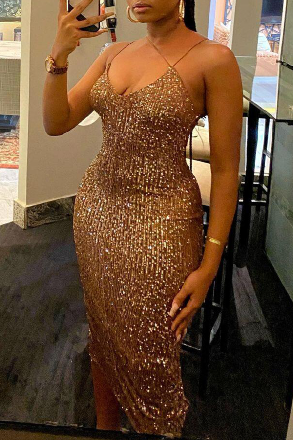 Vestido irregular con correa de espagueti de diamantes de imitación sólidos sexy dorados Vestidos