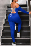 Blauwe sexy effen patchwork frenulum backless off-shoulder skinny jumpsuits