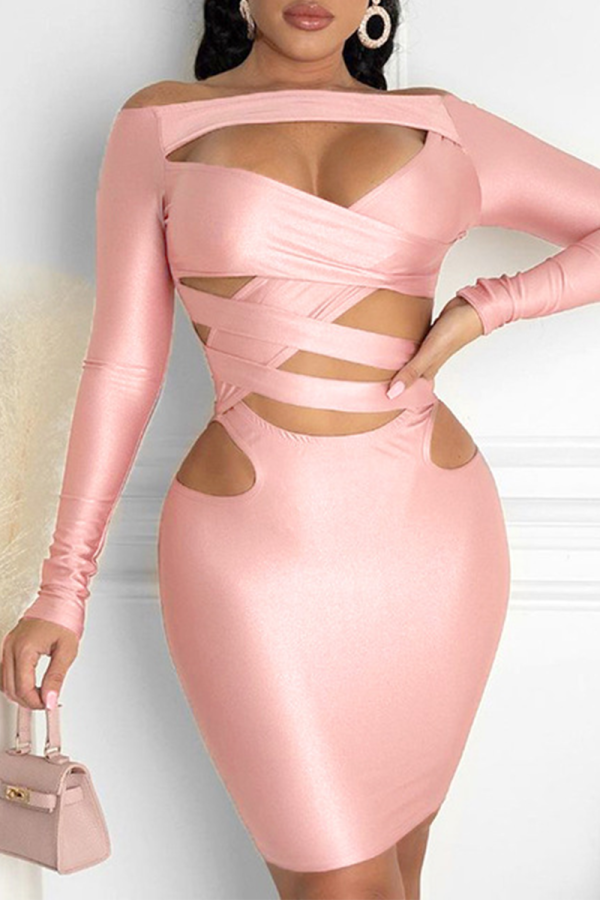 Light Pink Sexy Solid Hollowed Out Off the Shoulder Pencil Skirt Dresses