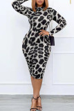Grey Sexy Print Leopard Patchwork O Neck One Step Skirt Plus Size Dresses