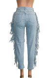 Blue Denim Button Fly Mid Patchwork Solid Tassel Hole Hooded Out crayon Pantalon Bas