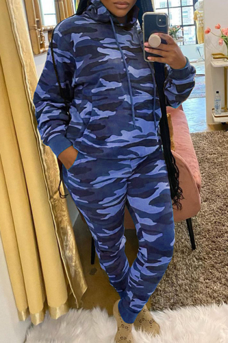 Blue Casual Camouflage Print Pocket Hooded Collar Long Sleeve Sweatshirt And Pants Sportwear Two Pieces Jogger Sets