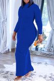 Синяя повседневная однотонная лоскутная юбка с круглым вырезом и одной ступенькой Платья больших размеров