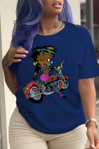 Marineblauwe casual T-shirts met dagelijks karakter patchwork O-hals