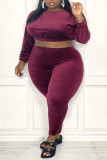 Burgundy Sexy Solid Patchwork O Neck Plus Size Two Pieces