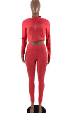 Rose Red Casual Solid Embroidered Patchwork Zipper Collar Long Sleeve Two Pieces