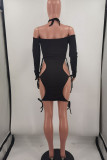 黒のセクシーな穴あきパッチワーク ホルター ワン ステップ スカート ドレス
