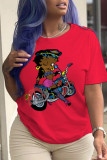 Marineblaue, lässige, tägliche Charakter-Patchwork-T-Shirts mit O-Ausschnitt