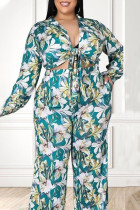 Green Sexy Print Bandage Patchwork Turndown Collar Plus Size Two Pieces