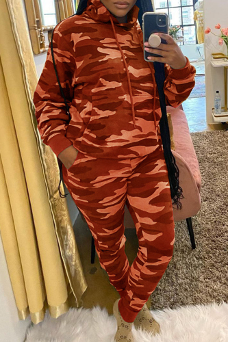 Tangerine Red Casual Camouflage Print Pocket Hooded Collar Long Sleeve Sweatshirt And Pants Sportwear Two Pieces Jogger Sets