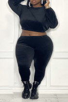 Black Sexy Solid Patchwork O Neck Plus Size Two Pieces