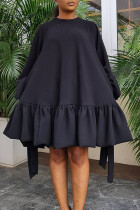 Черные повседневные милые однотонные лоскутные платья с воланами и круглым вырезом