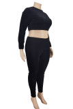 Black Sexy Solid Patchwork O Neck Plus Size Two Pieces