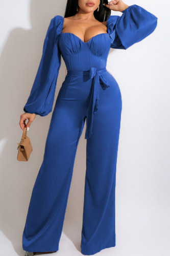 Blue Casual Sweet Solid Split Joint Square Collar Straight Jumpsuits