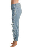 Синие джинсовые брюки-карандаш на пуговицах средней длины в стиле пэчворк, однотонные, с кисточками, с капюшоном и дырками, карандаш