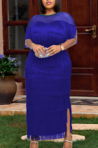 Blauwe sexy effen kwastjes mesh O-hals onregelmatige jurk Jurken