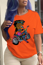Orangefarbene, lässige Patchwork-T-Shirts mit O-Ausschnitt und Charakter für den täglichen Gebrauch