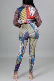 Fuchsia Casual brittisk stil tryck patchwork spänne turndown krage långärmad två delar