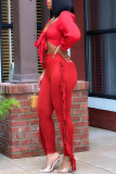 Red Sexy Solid Tassel Bandage Patchwork V Neck Long Sleeve Two Pieces