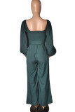 Green Casual Sweet Solid Patchwork Square Collar Straight Jumpsuits