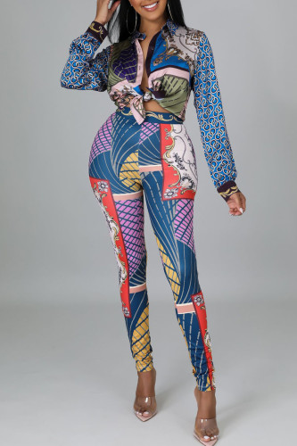 Blue Casual British Style Print Patchwork Buckle Turndown Collar Long Sleeve Two Pieces