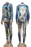 Blue Casual British Style Print Patchwork Buckle Turndown Collar Long Sleeve Two Pieces