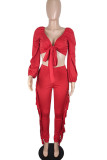 Red Sexy Solid Tassel Bandage Patchwork V Neck Long Sleeve Two Pieces
