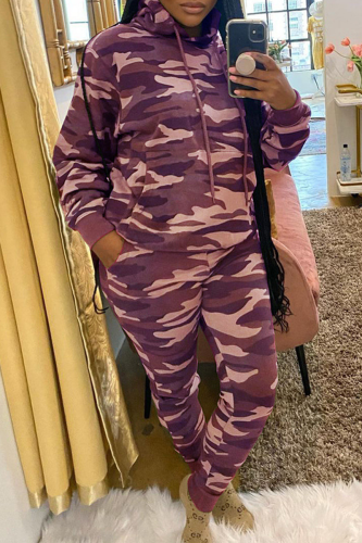 Purple Casual Camouflage Print Patchwork Hooded Collar Long Sleeve Two Pieces