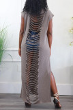 Grey Sexy Solid Hollowed Out Patchwork Backless Slit Hooded Collar Straight Dresses