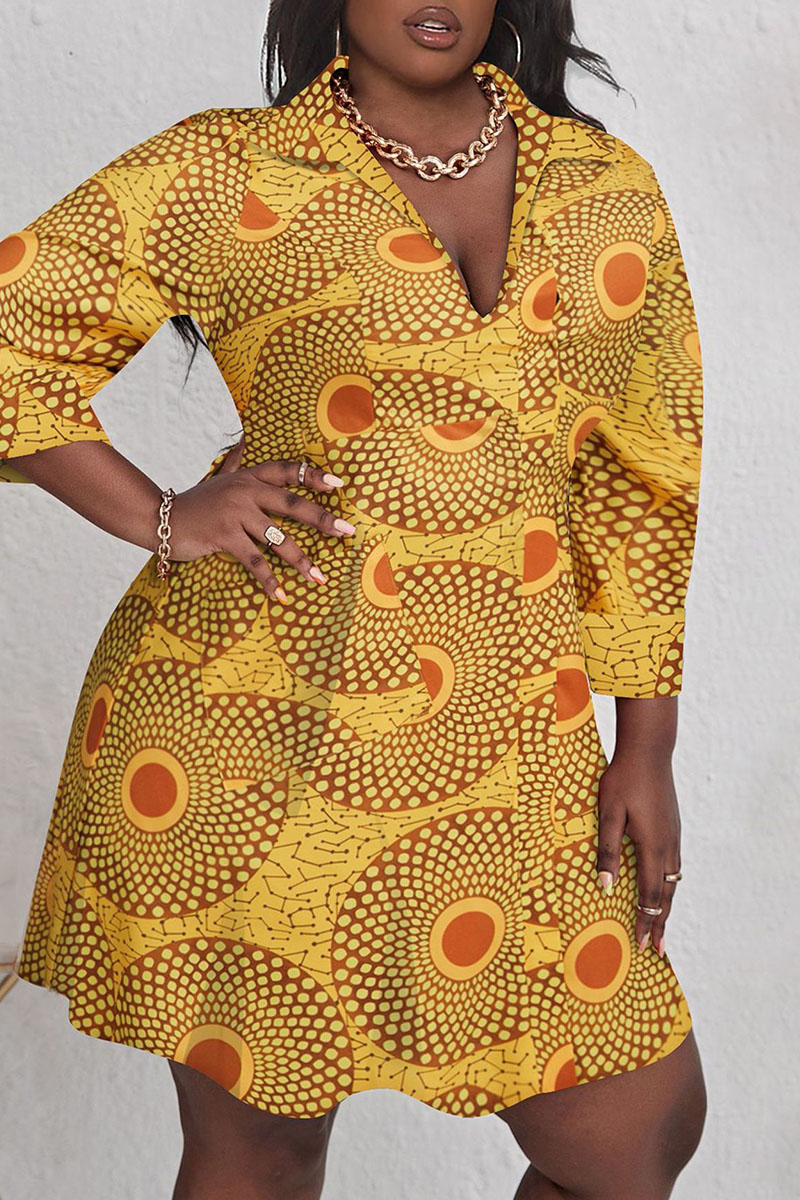 

Orange Yellow Casual Print Split Joint V Neck A Line Plus Size Dresses