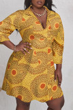 Gele Casual Print Patchwork V-hals A-lijn Grote maten jurken