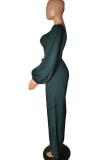Green Casual Sweet Solid Patchwork Square Collar Straight Jumpsuits
