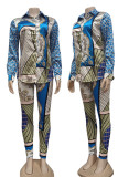 Blue Casual British Style Print Patchwork Buckle Turndown Collar Long Sleeve Two Pieces