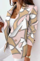 Pink Casual Print Patchwork Turn-back Collar Outerwear