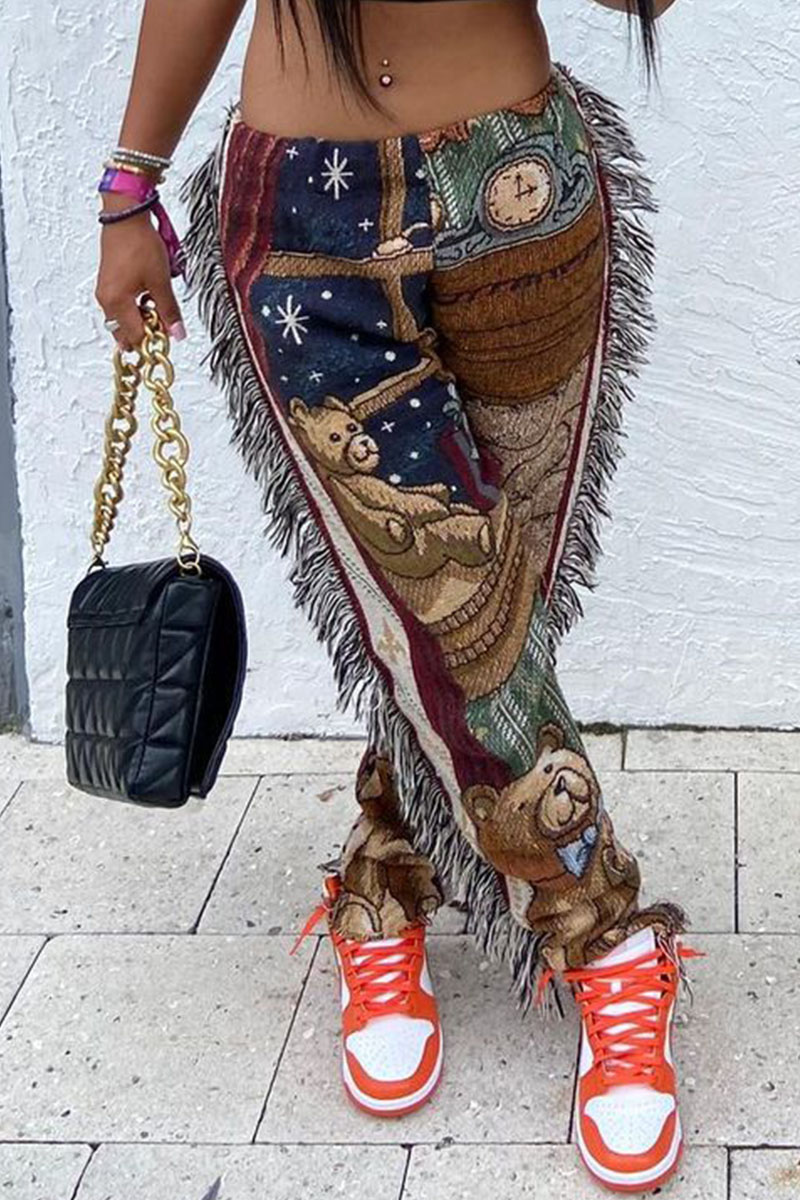 

Khaki Street Print Tassel Split Joint Straight Mid Waist Straight Full Print Bottoms